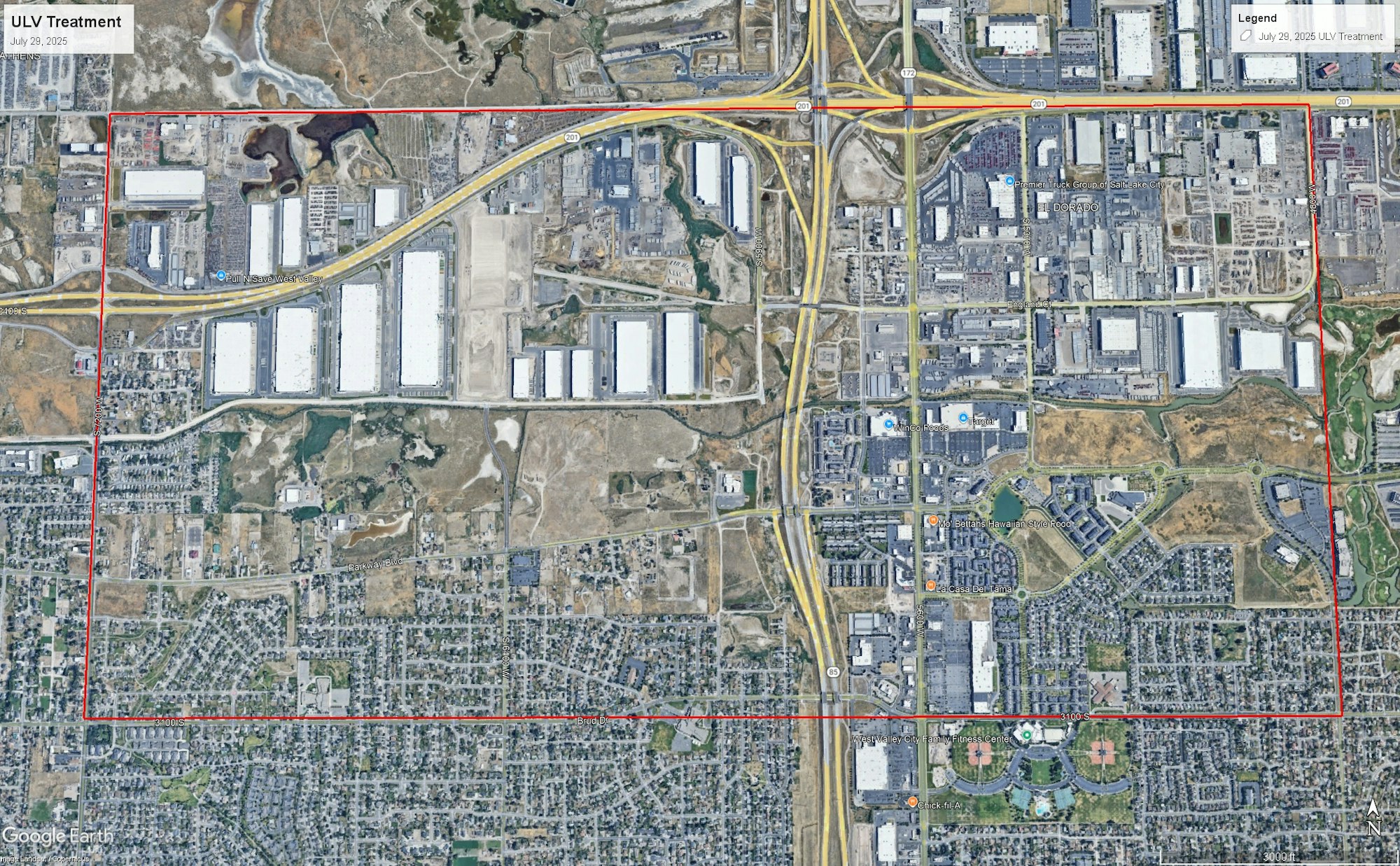 Aerial map of an urban area with roads, industrial buildings, and residential neighborhoods, bordered in red.