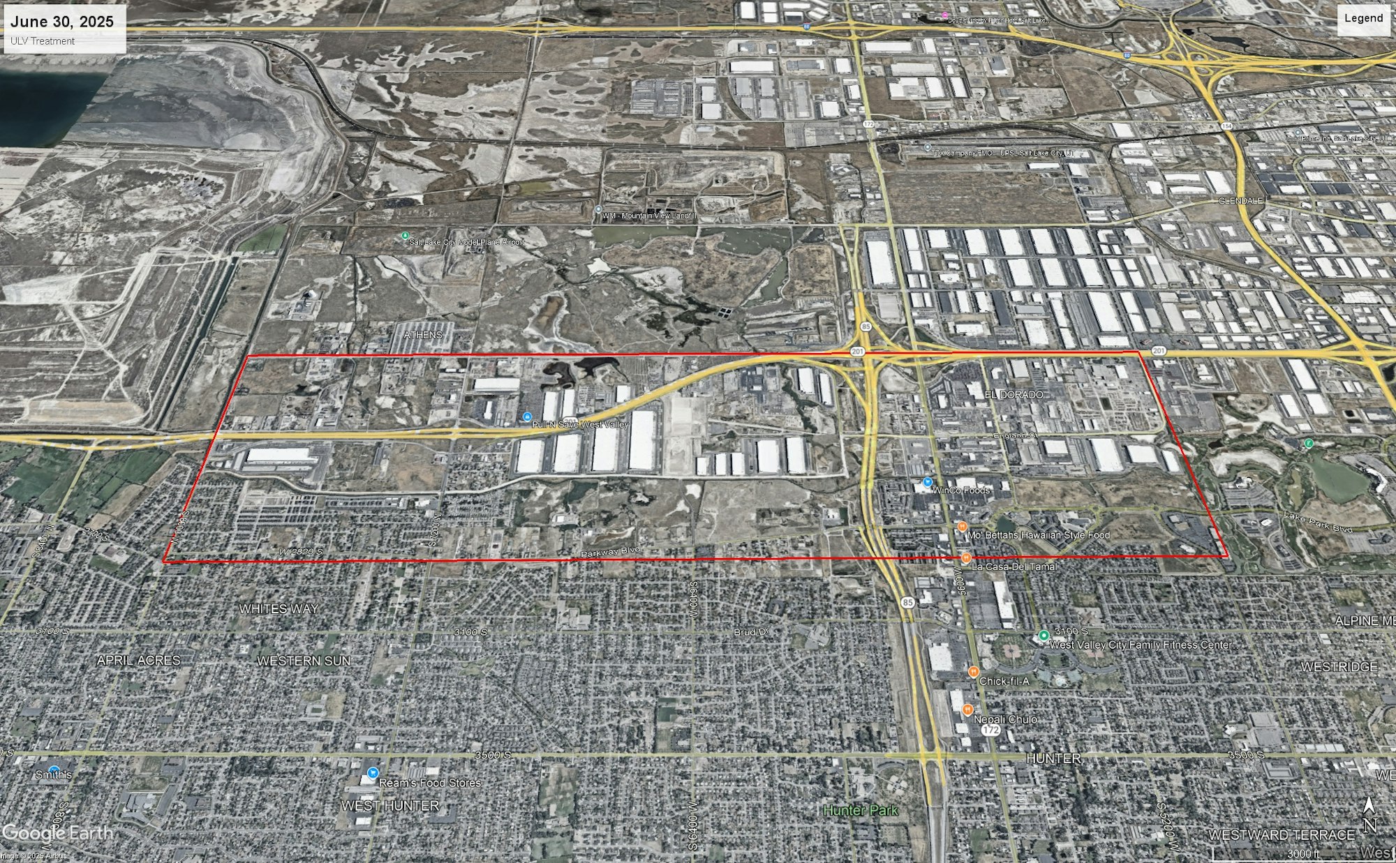 Aerial view of an industrial and residential area with roads, marked by a red boundary. Date: June 30, 2025, "ULV Treatment".