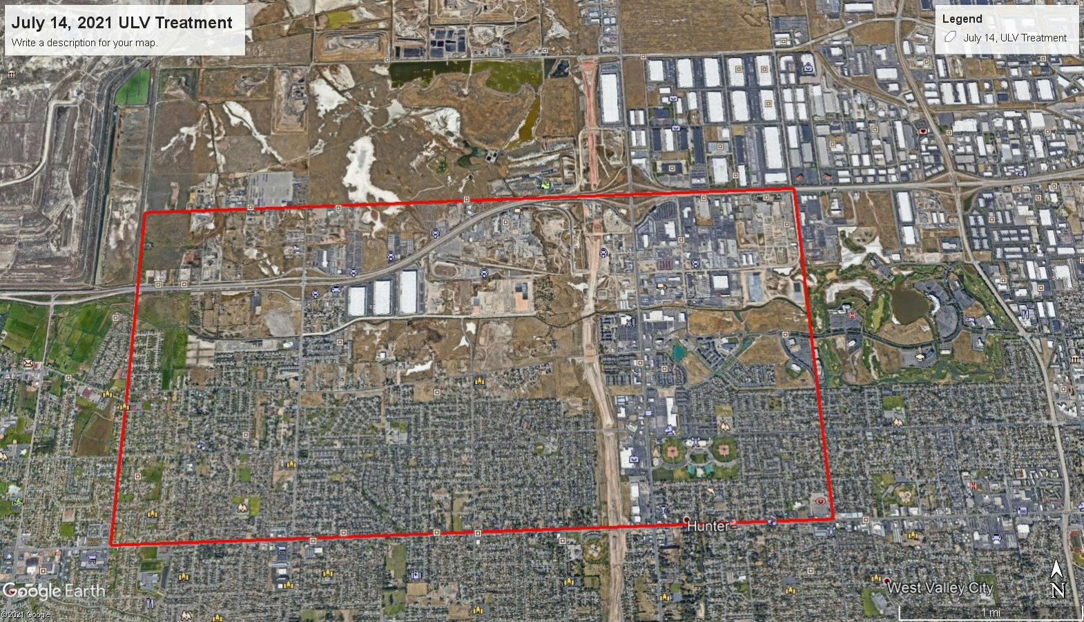 Aerial map indicating a designated area for ULV (ultra-low volume) treatment, dated July 14, 2021, with a red boundary.