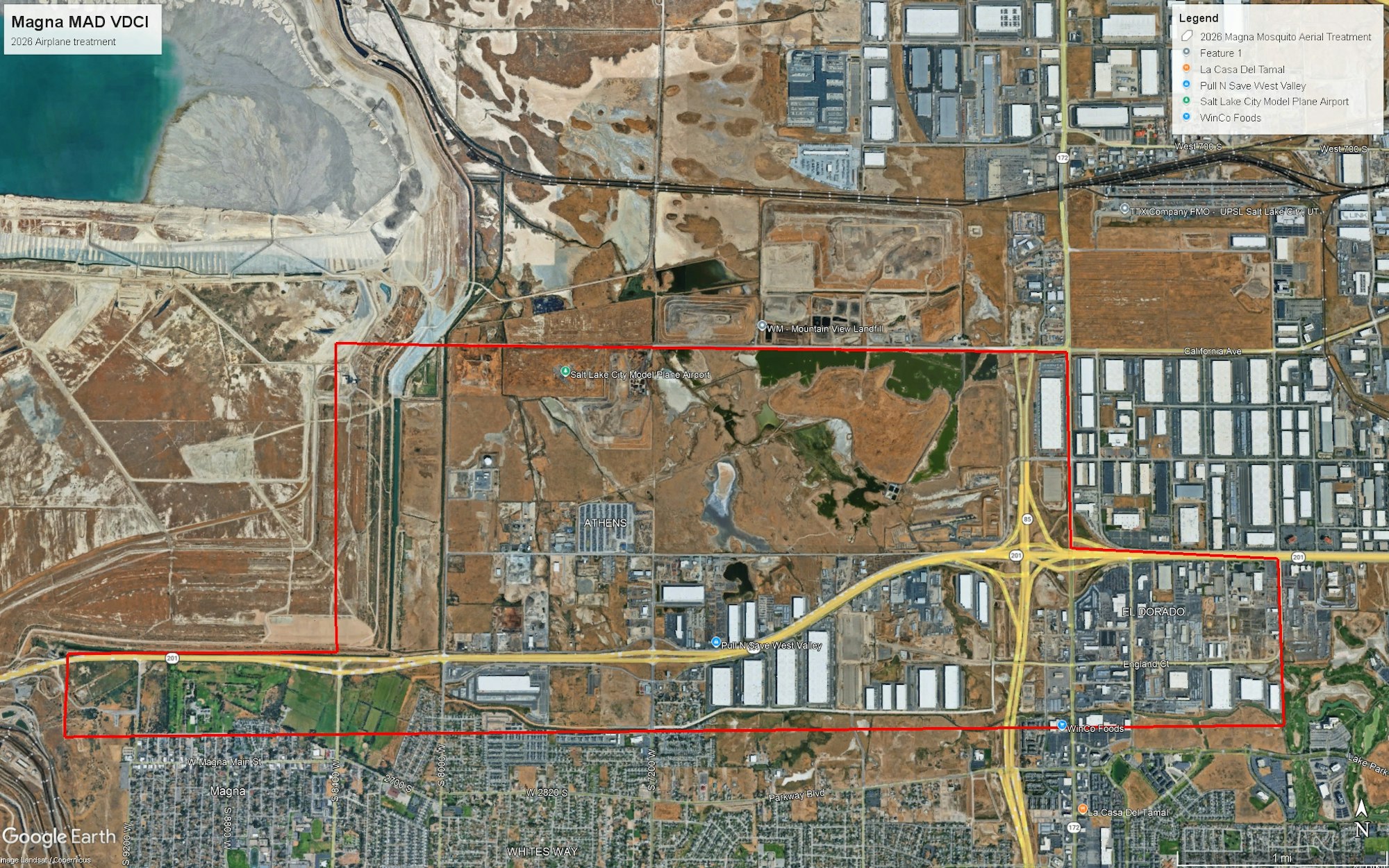 A map of Magna, Utah, showing various features, infrastructure, and landmarks, including Salt Lake City Model Plane Airport.