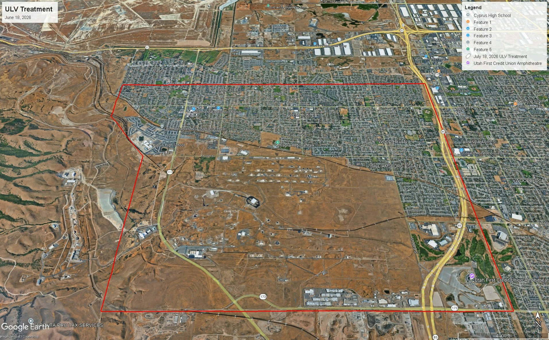Aerial map showing an area labeled "ULV Treatment," featuring roads, schools, and various land lots within the outlined region.