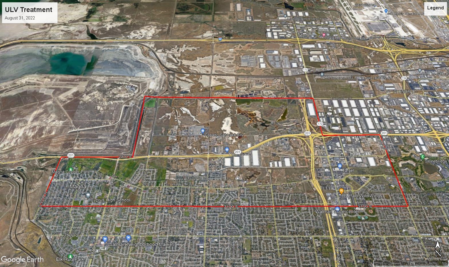 The image shows an aerial view of a geographical area marked in red, labeled "ULV Treatment," with roads, parks, and landmarks indicated.