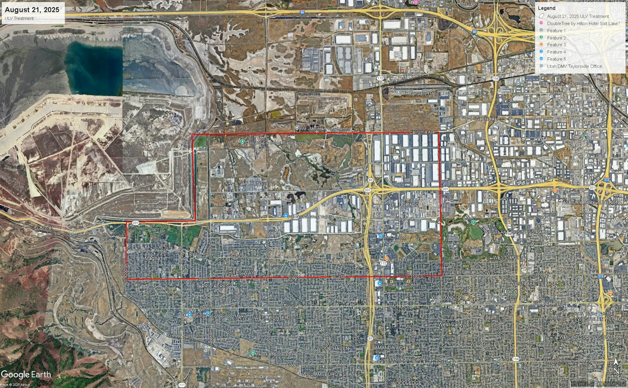 A satellite map showing an outlined area labeled "August 21, 2025 ULV Treatment" with roads, industrial, and residential areas.