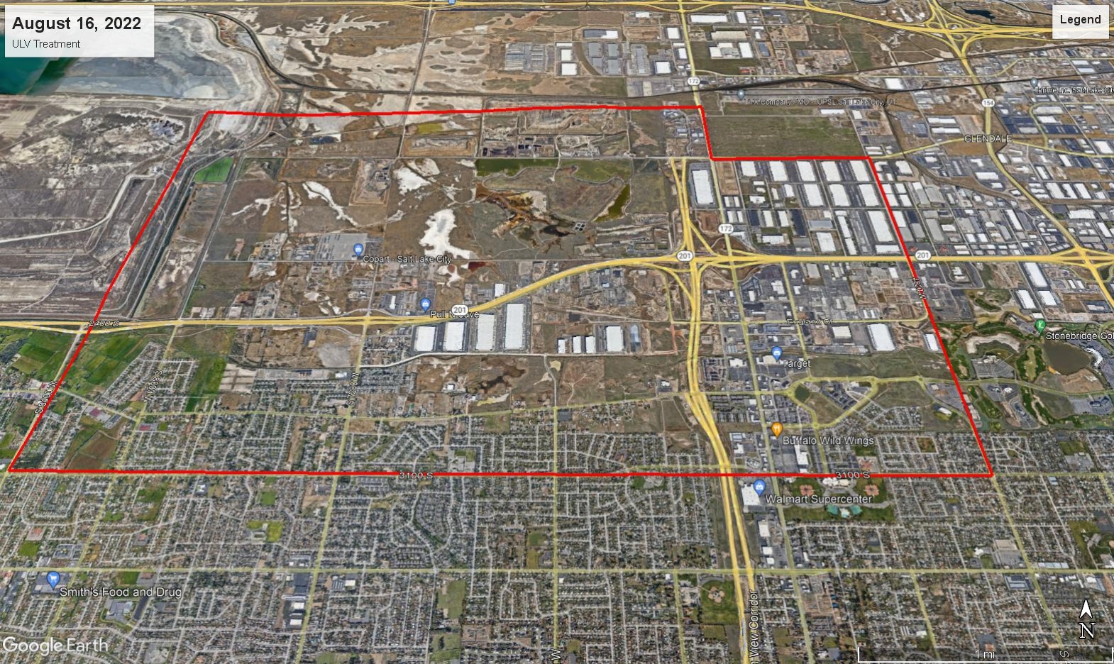 The image shows a satellite view of a mapped area, outlined in red, with nearby roads and landmarks labeled.