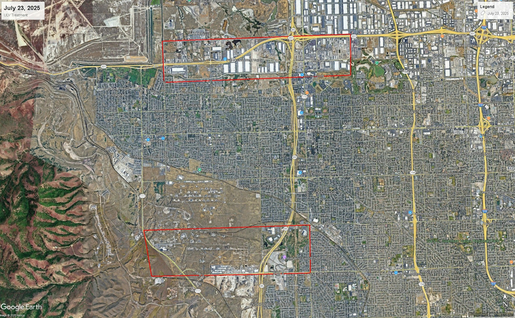 Satellite map with red-bordered areas, showing roads and urban landscape. Dated July 23, 2025, labeled "ULV Treatment."