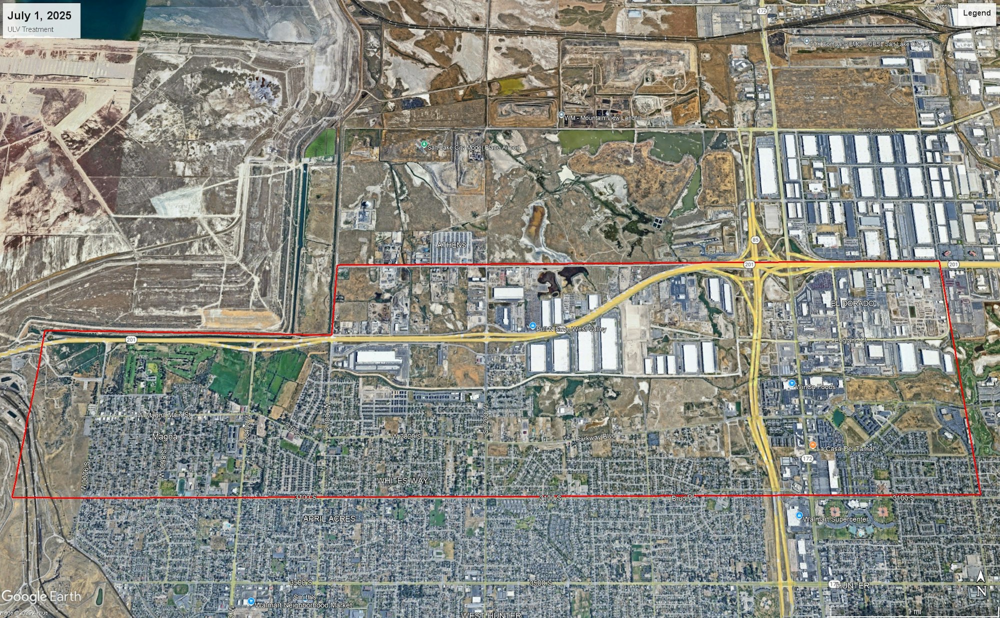 Aerial map with marked area, roads, industrial and residential zones; labeled “July 1, 2025 ULV Treatment.”