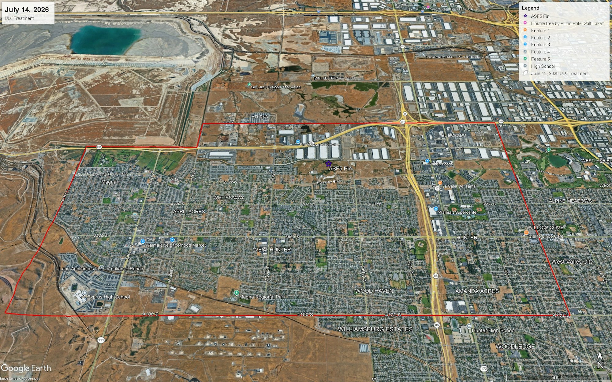 The image shows a satellite view of a city area with outlined boundaries, featuring roads, neighborhoods, and landmarks.