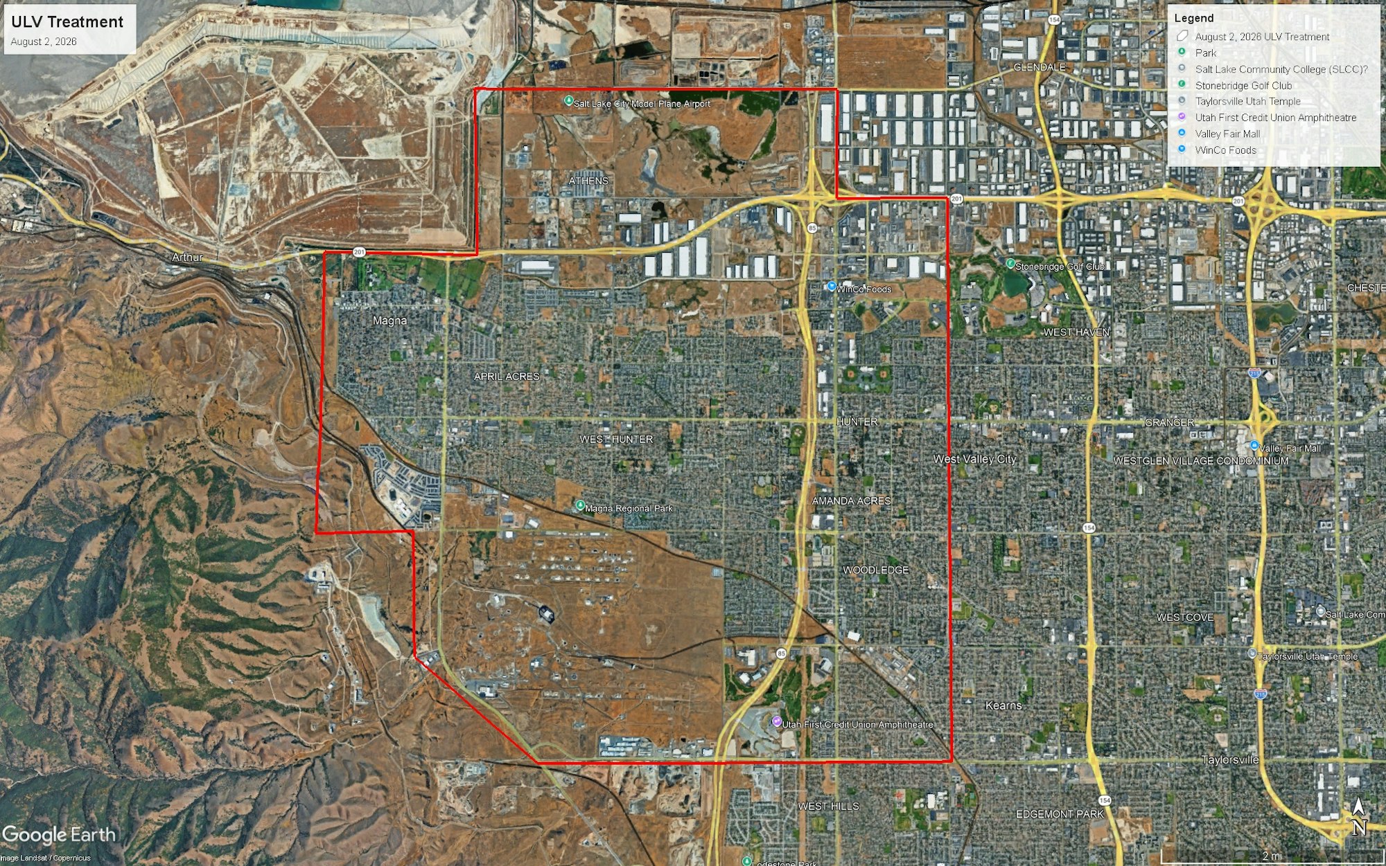 A satellite map showing designated areas for ULV treatment in the vicinity of Magna, Utah, with surrounding landmarks.