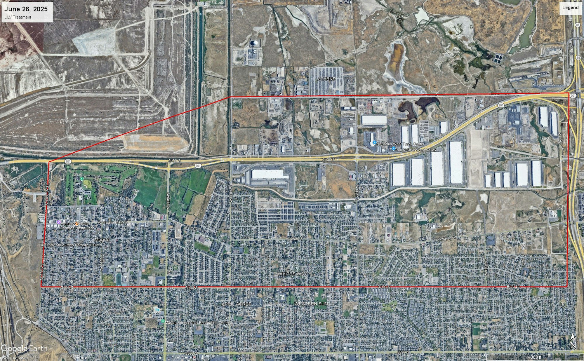 Aerial map of a city area with roads, buildings, and industrial zones, marked with a red boundary line and labeled "June 26, 2025."