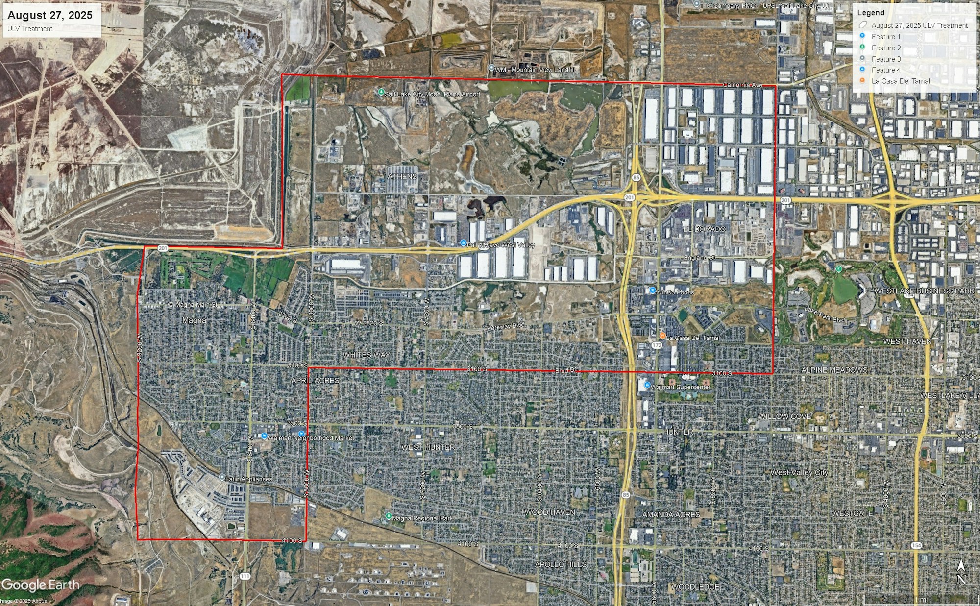 Aerial map with a red outlined area labeled "August 27, 2025 ULV Treatment," showing streets and various marked features.