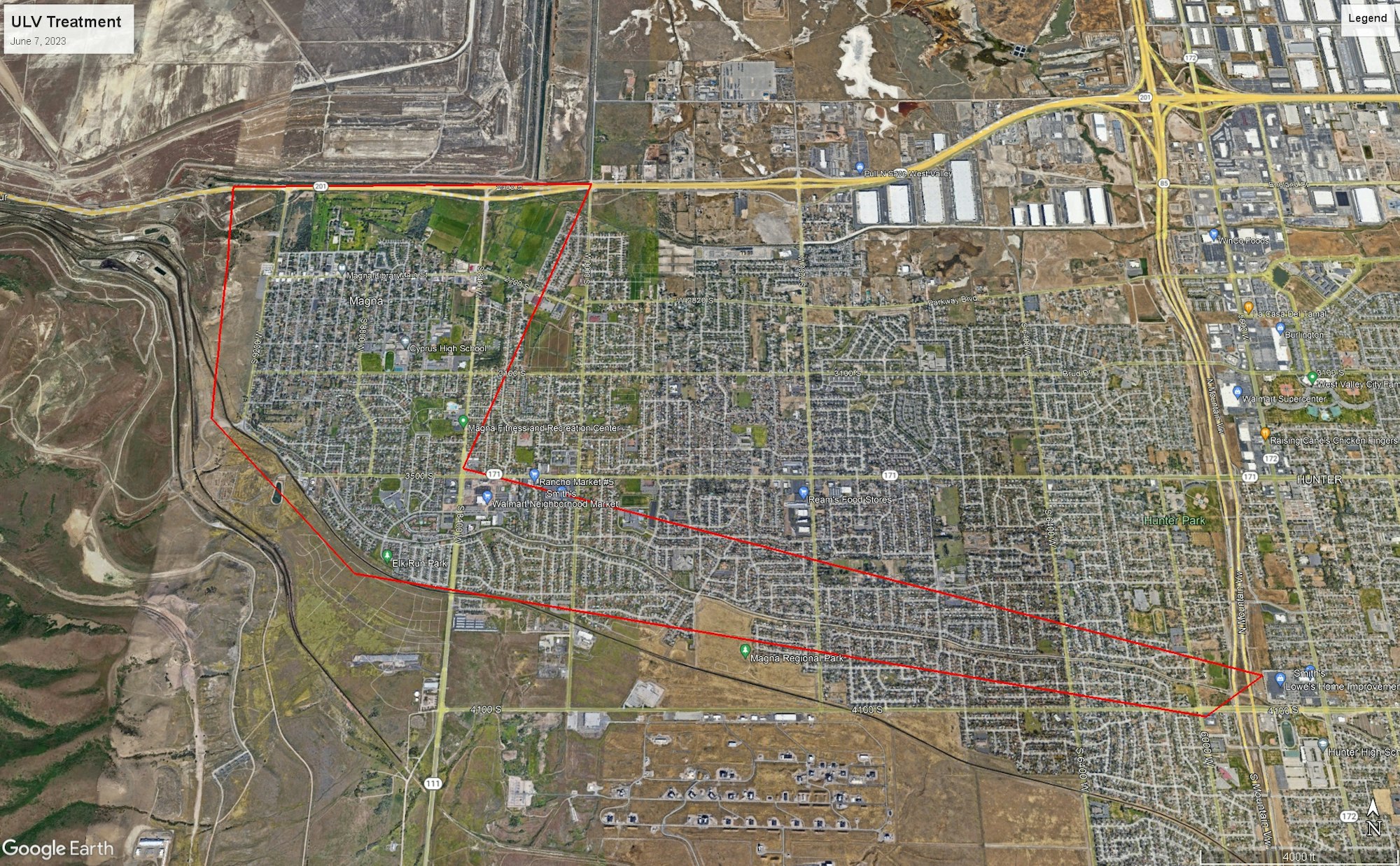 The image is a map showing the boundaries of an area in Magna, Utah, marked for ULV treatment, dated June 7, 2023.