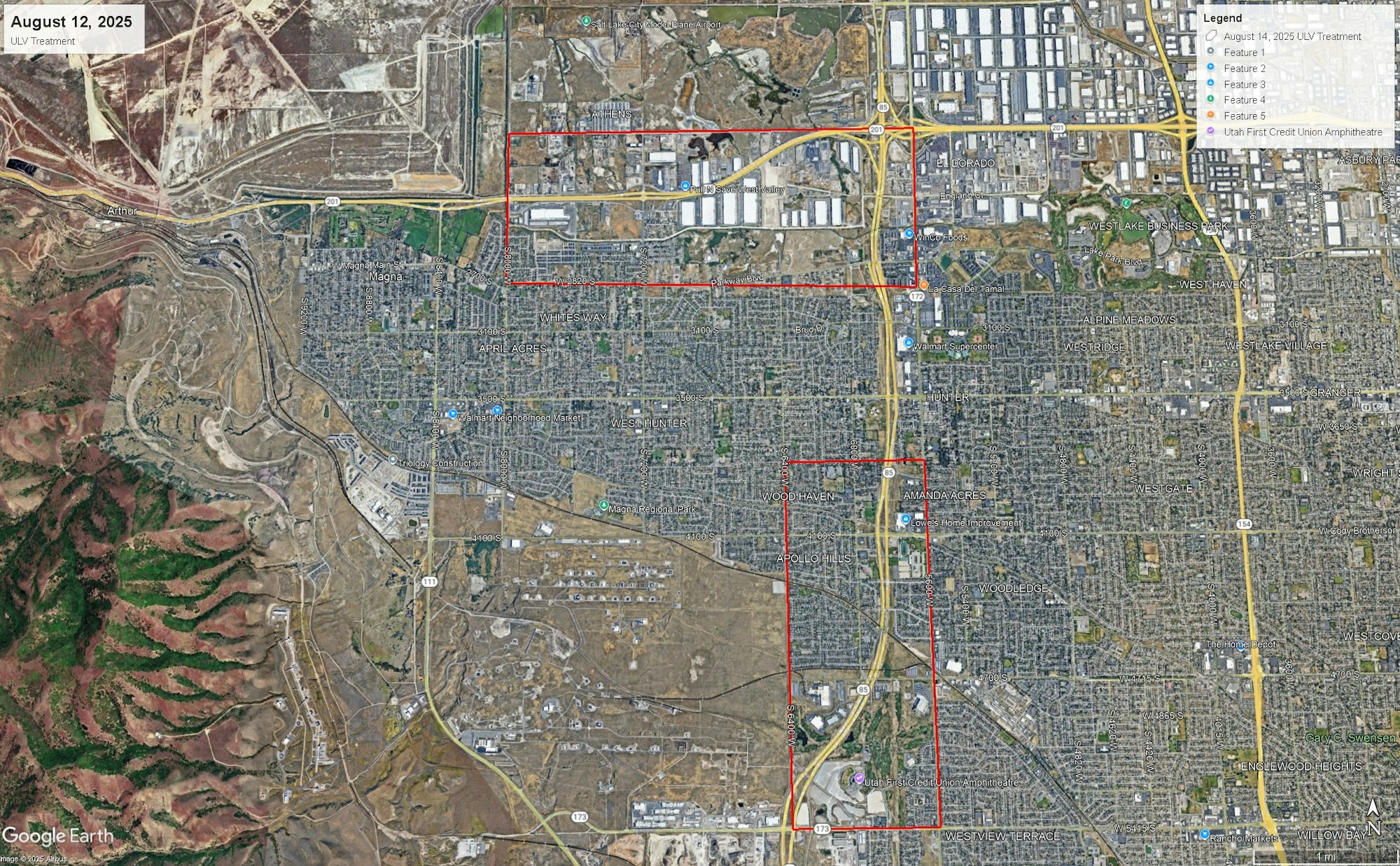Aerial map showing areas marked for ULV treatment in red boxes, with various features and roads labeled.
