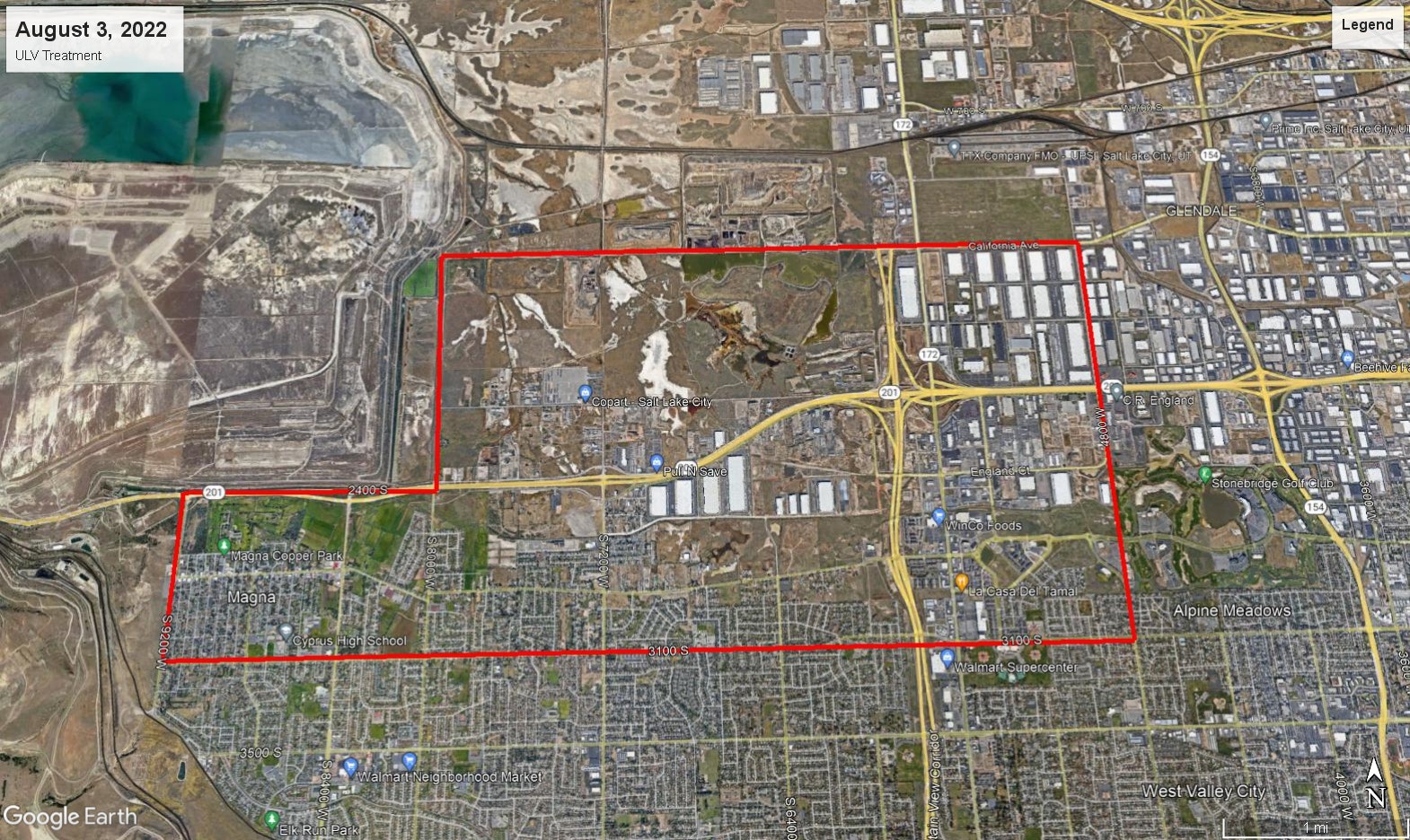 A map showing a designated area for ULV treatment, marked in red, near Salt Lake City, with surrounding roads and landmarks.