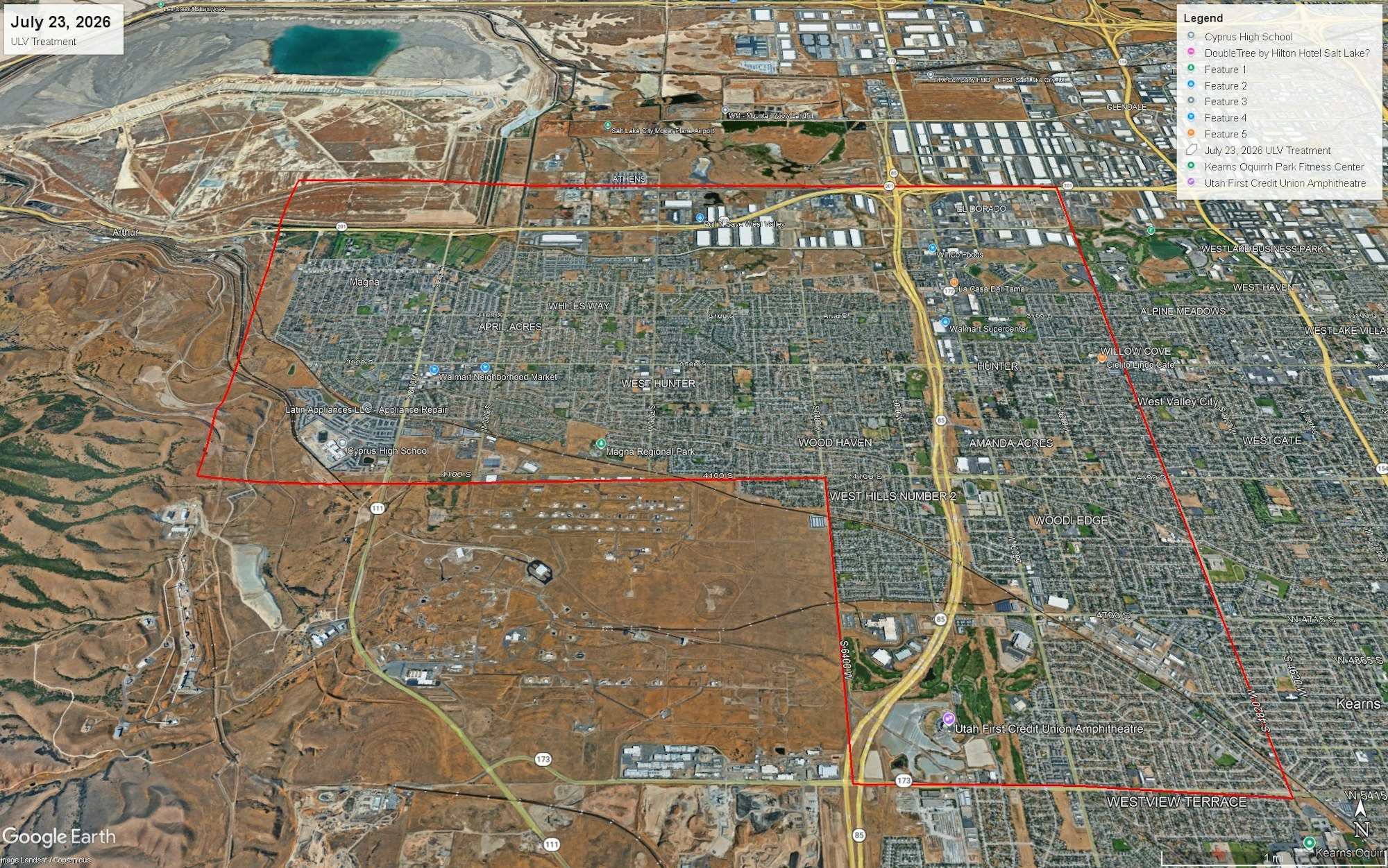 The image is a 3D map showing an area with outlined boundaries, featuring roads, neighborhoods, and a landscape view.