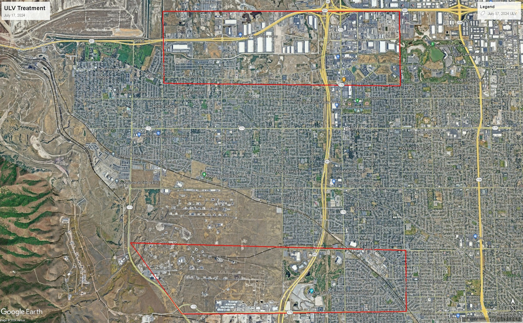 Aerial view of an urban area with marked regions for ULV (Ultra Low Volume) treatment, possibly for pest control.