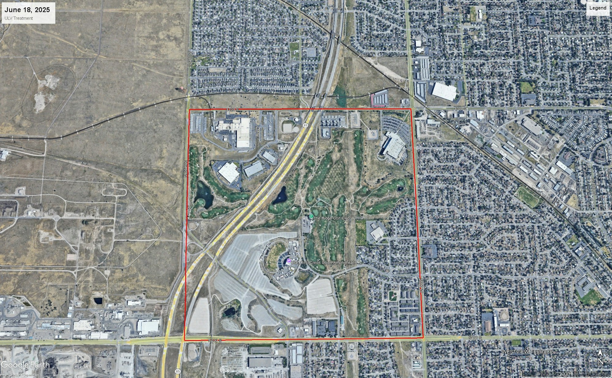 Aerial view showing a mapped area with roads, buildings, a golf course, and an amphitheater, labeled June 18, 2025, ULV Treatment.
