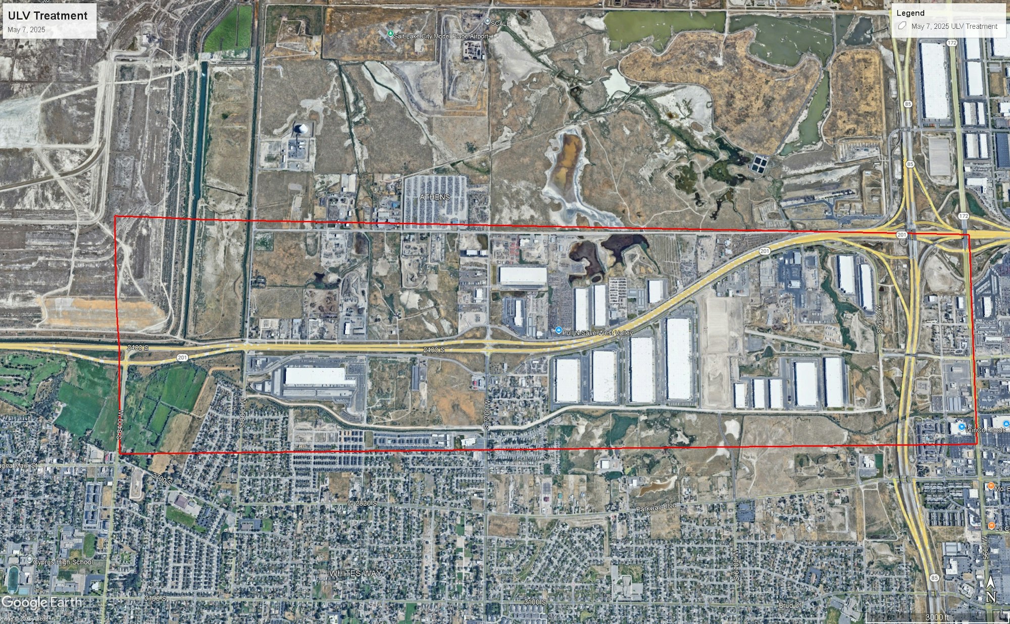 Aerial map showing a rectangular area marked for ULV treatment, with roads, buildings, and greenery visible.