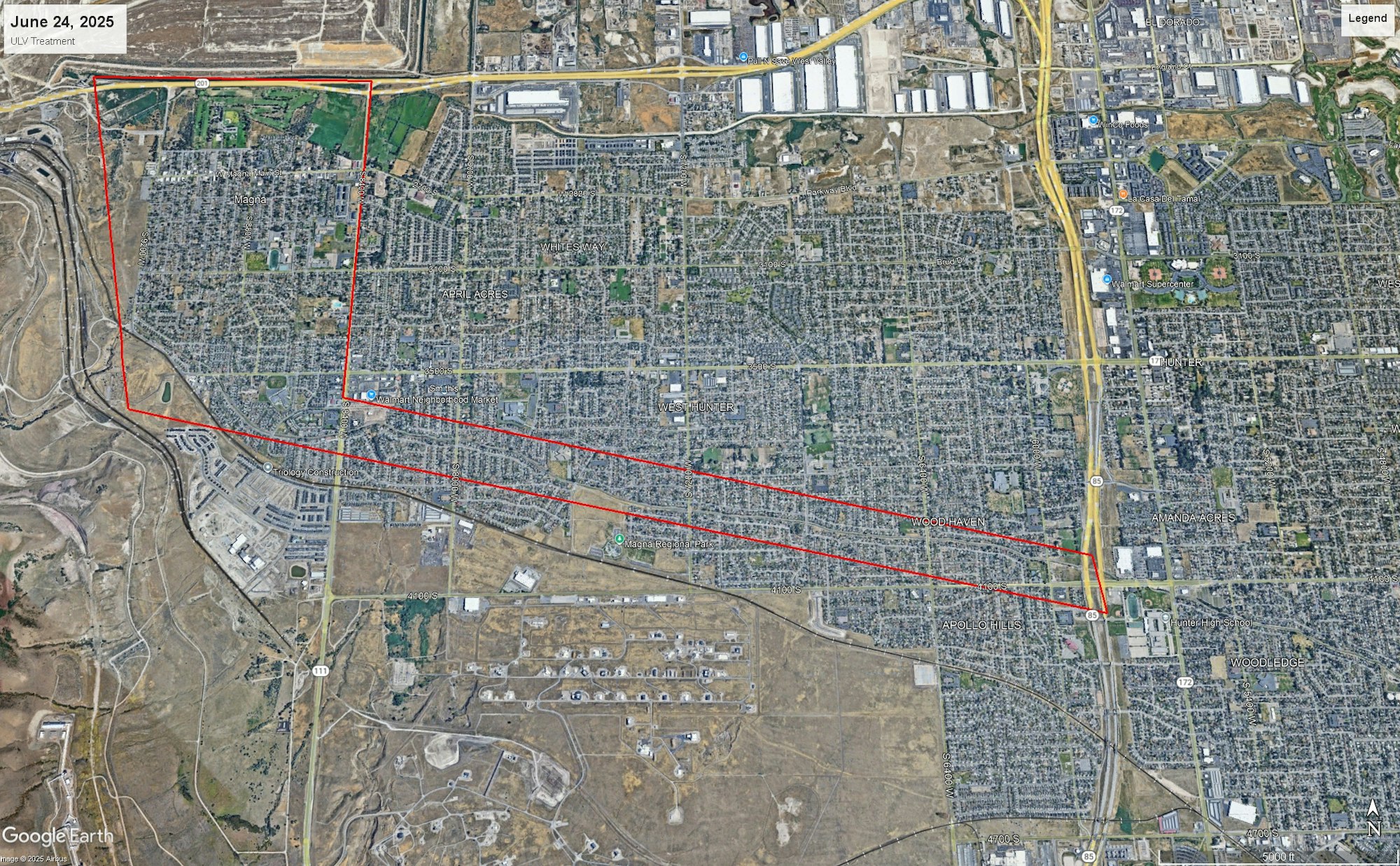 Aerial map with red outlined area, labeled "June 24, 2025 - ULV Treatment." Contains streets, buildings, and some green spaces.