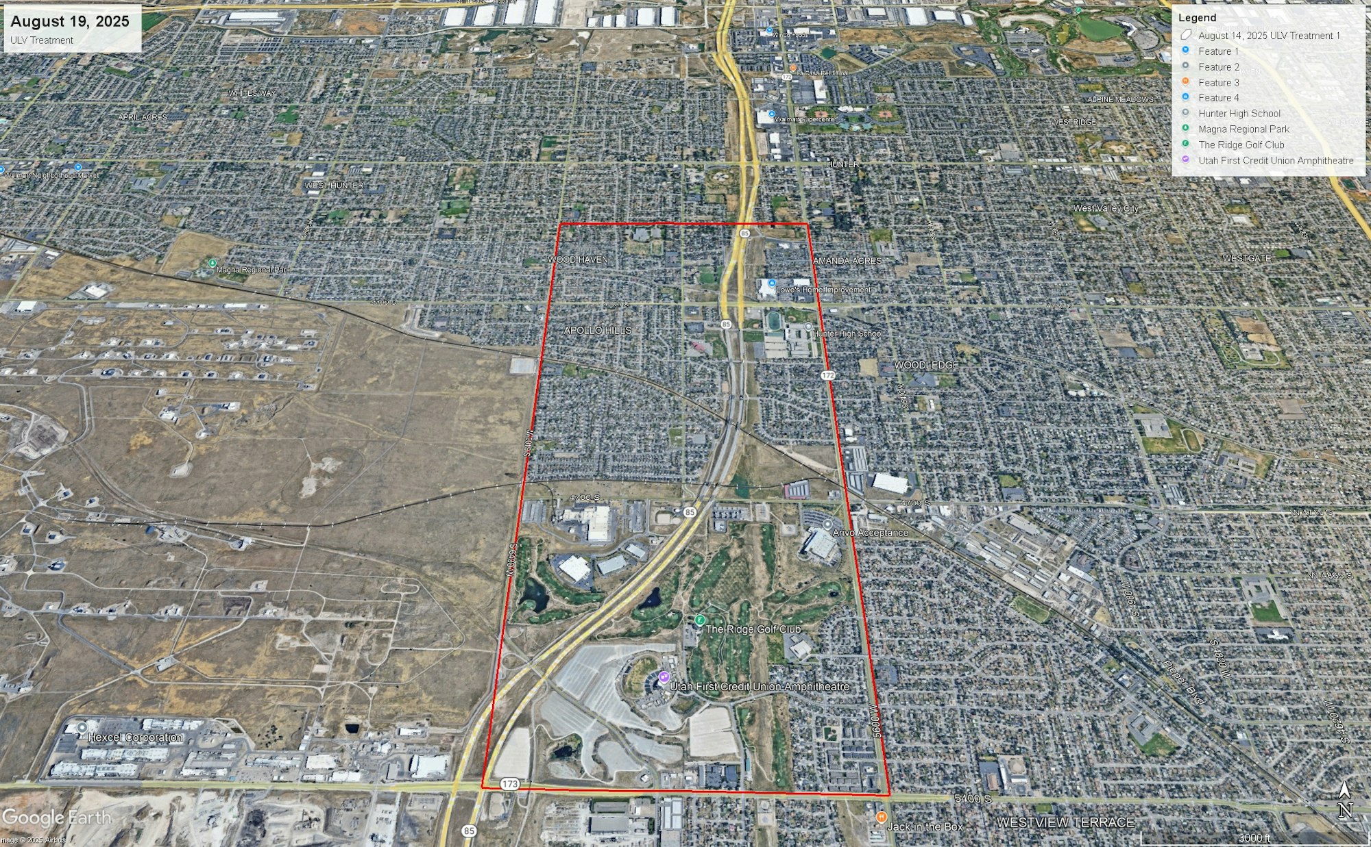 Aerial view of a city area with marked boundaries, featuring roads, residential zones, and identified landmarks like a high school and golf club.