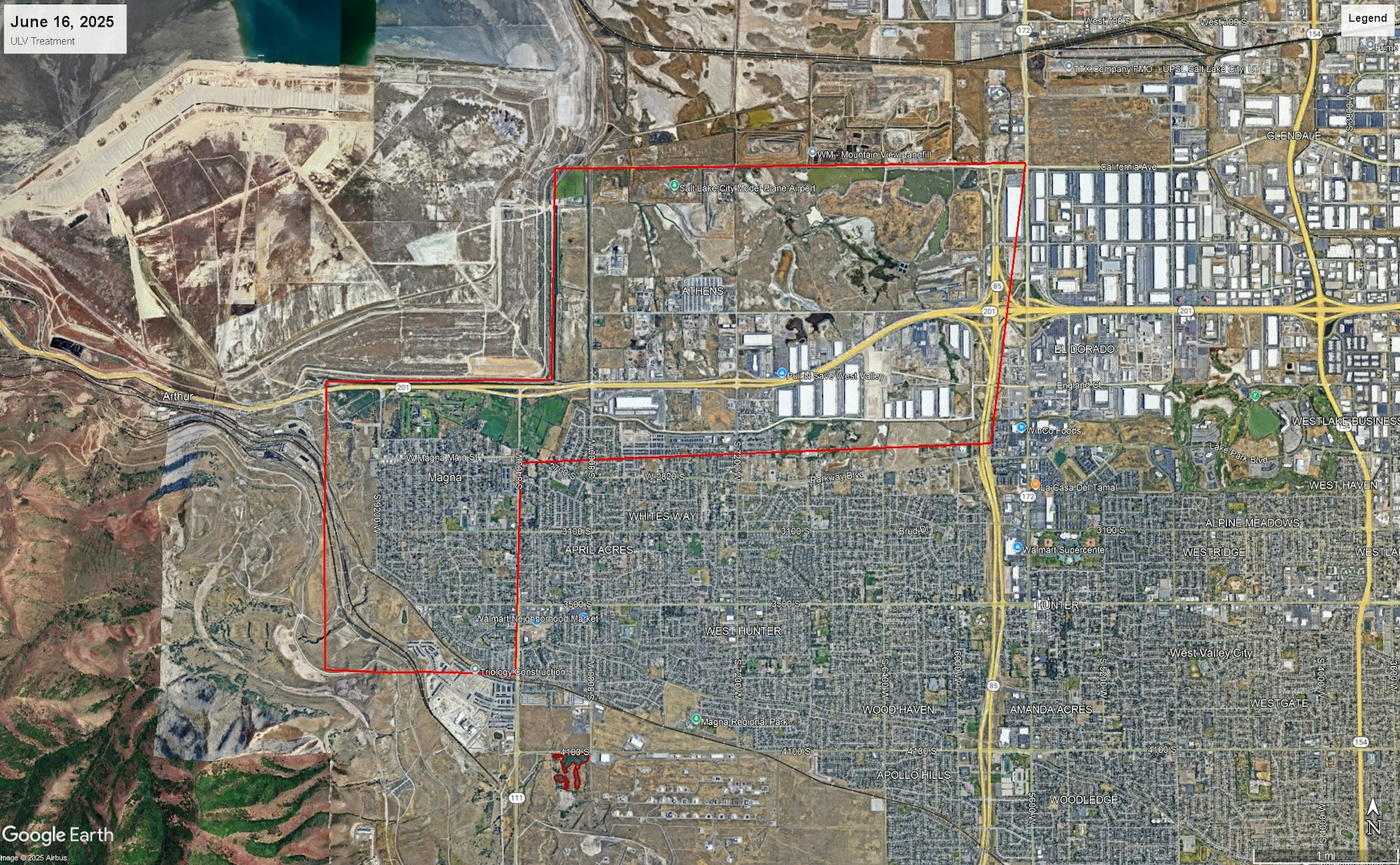 A satellite map showing urban and industrial areas with a red boundary marked "June 16, 2025, ULV Treatment."