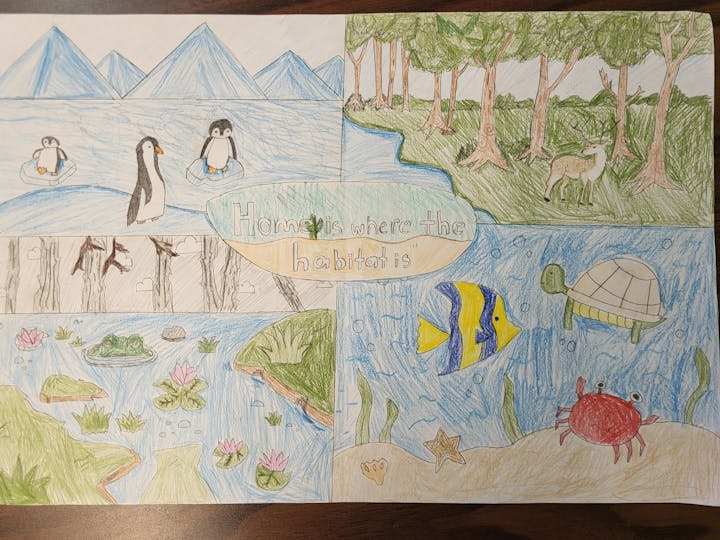 Four habitats: icy with penguins, forest with deer, pond with frog, ocean with fish and crab. Text: "Home is where the habitat is."