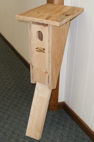 Wooden birdhouse with a long ramp against a wall.