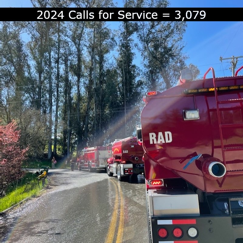 Fire trucks on a road with trees in the background. Text reads: "2024 Calls for Service = 3,079".