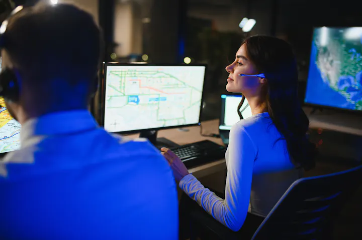 A woman with a headset is focused on multiple computer screens displaying maps in a dark office setting.