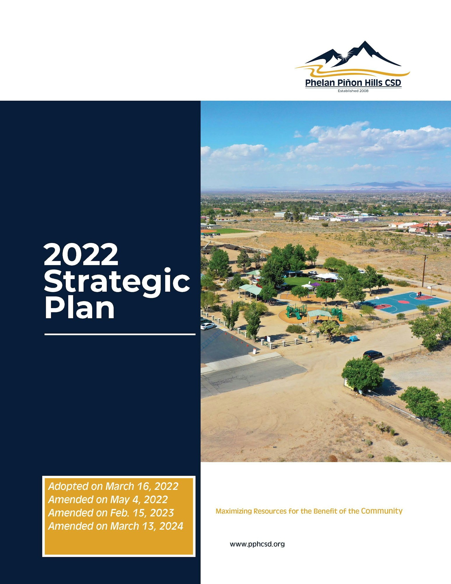 Cover of "2022 Strategic Plan" for Phelan Piñon Hills CSD, noting adoption and amendment dates, with a landscape picture and the motto.
