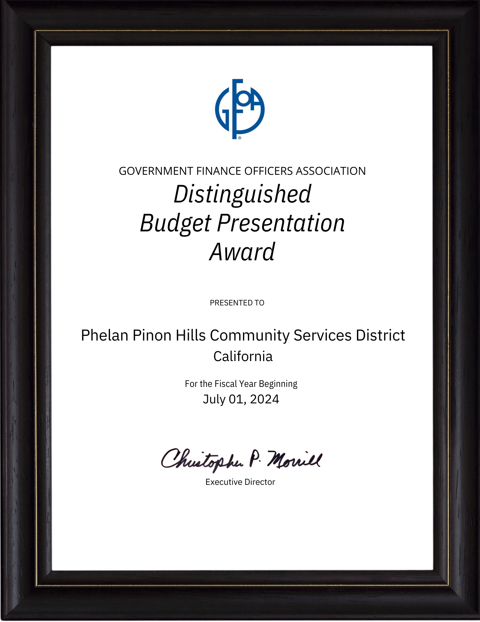 Award from the Government Finance Officers Association to Phelan Pinon Hills Community Services District for 2024 budget presentation.