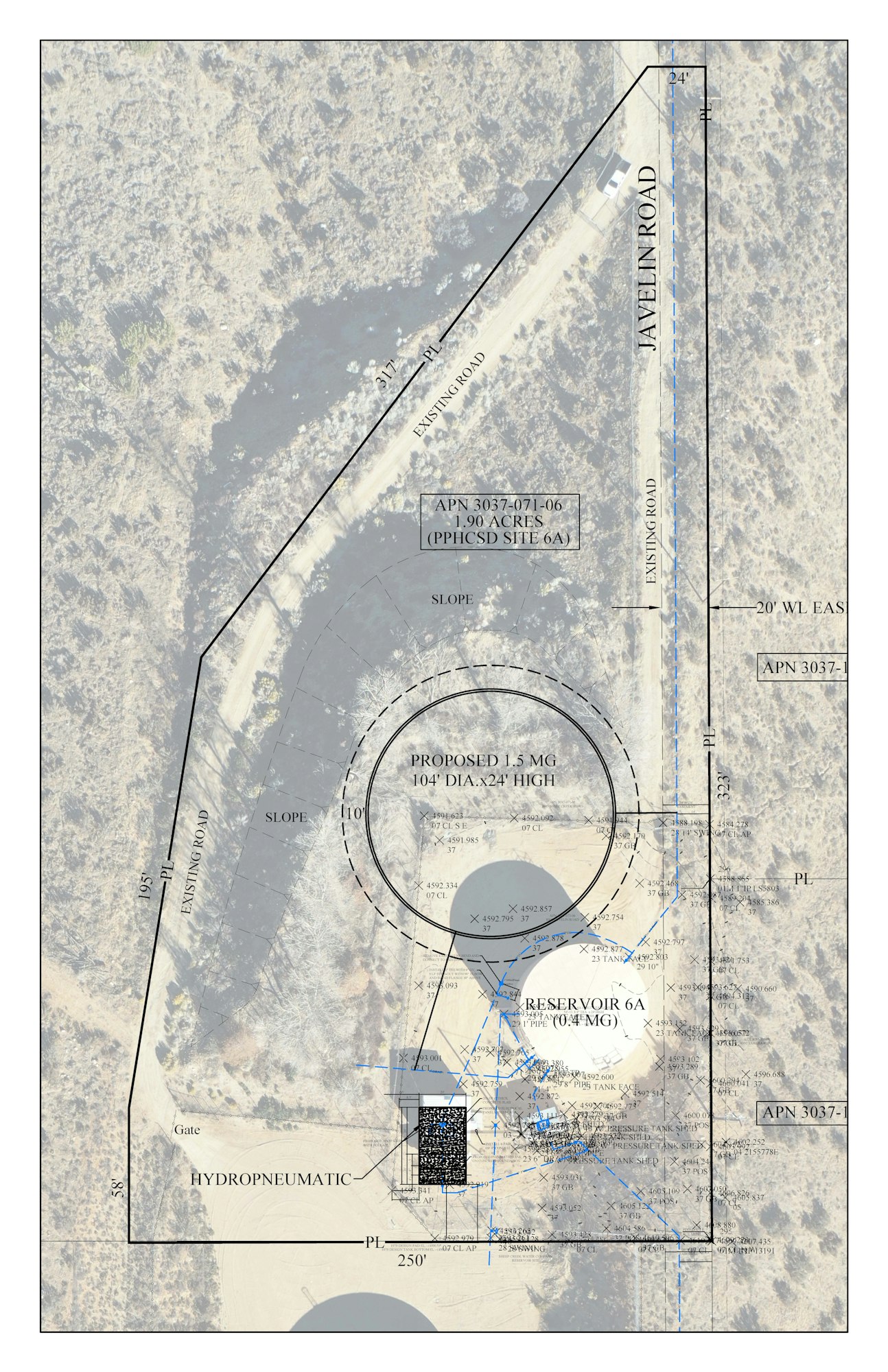 Architectural plan overlay on aerial photo, detailing a proposed reservoir with dimensions and site information.