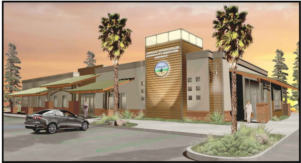 The image depicts a modern community services building with palm trees, parking space, and an inviting entrance at sunset.