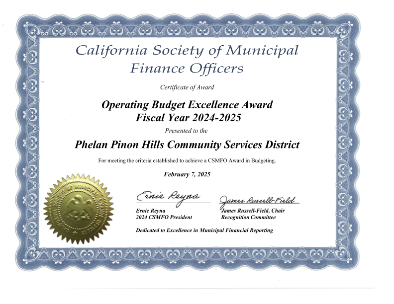 Certificate for Operating Budget Excellence Award (2024-2025) to Phelan Pinon Hills Community Services District, dated February 7, 2025.