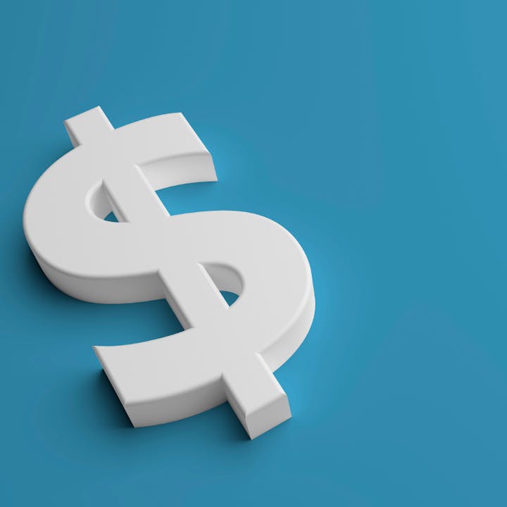 A white dollar sign on a blue background.