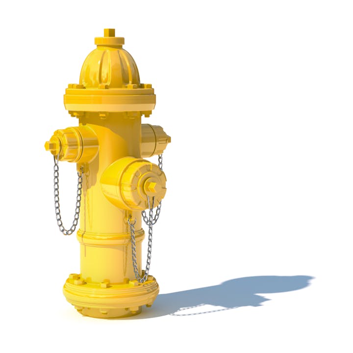 A yellow fire hydrant on a white background with a shadow.