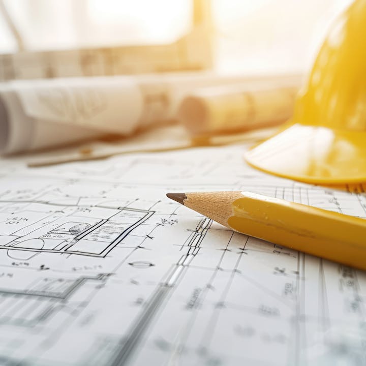 Architectural plans with a pencil and a hard hat, suggesting engineering or construction planning.