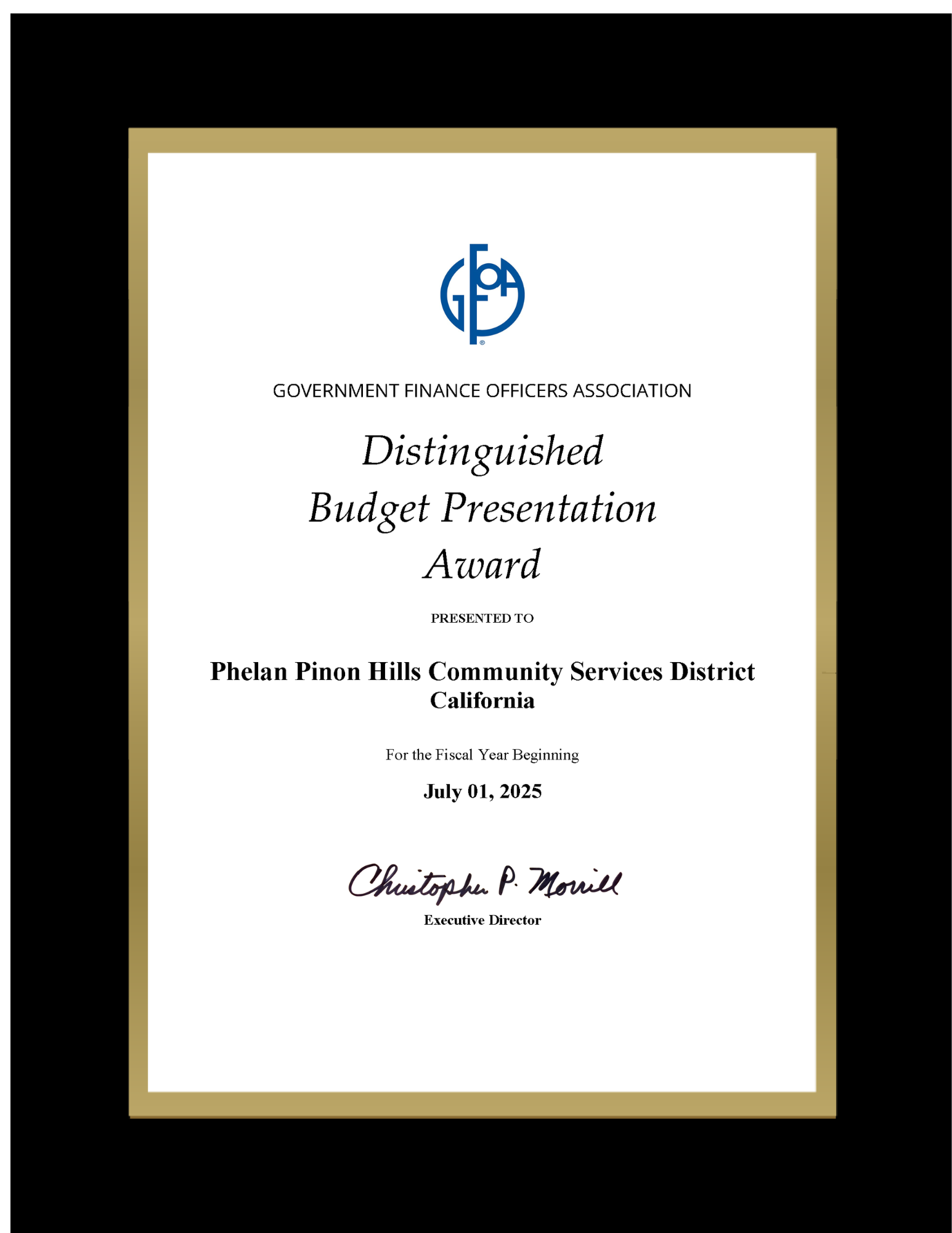 The image shows a Distinguished Budget Presentation Award presented to the Phelan Pinon Hills Community Services District for fiscal year 2025.