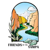 Illustration of a winding river through canyons with clouds, plants, and text "FRIENDS OF THE YAMPA" below.
