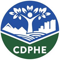Logo with a tree, mountains, cityscape, and "CDPHE" text below.