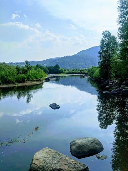 A serene river landscape with trees, rocks, and mountains in the background under a cloudy sky.