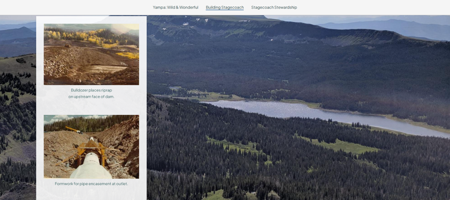 The image features construction photos related to dam work, showcasing equipment and processes in a natural landscape.