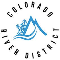 Logo with a blue mountain, snowflake, water waves, and text "Colorado River District" around it.