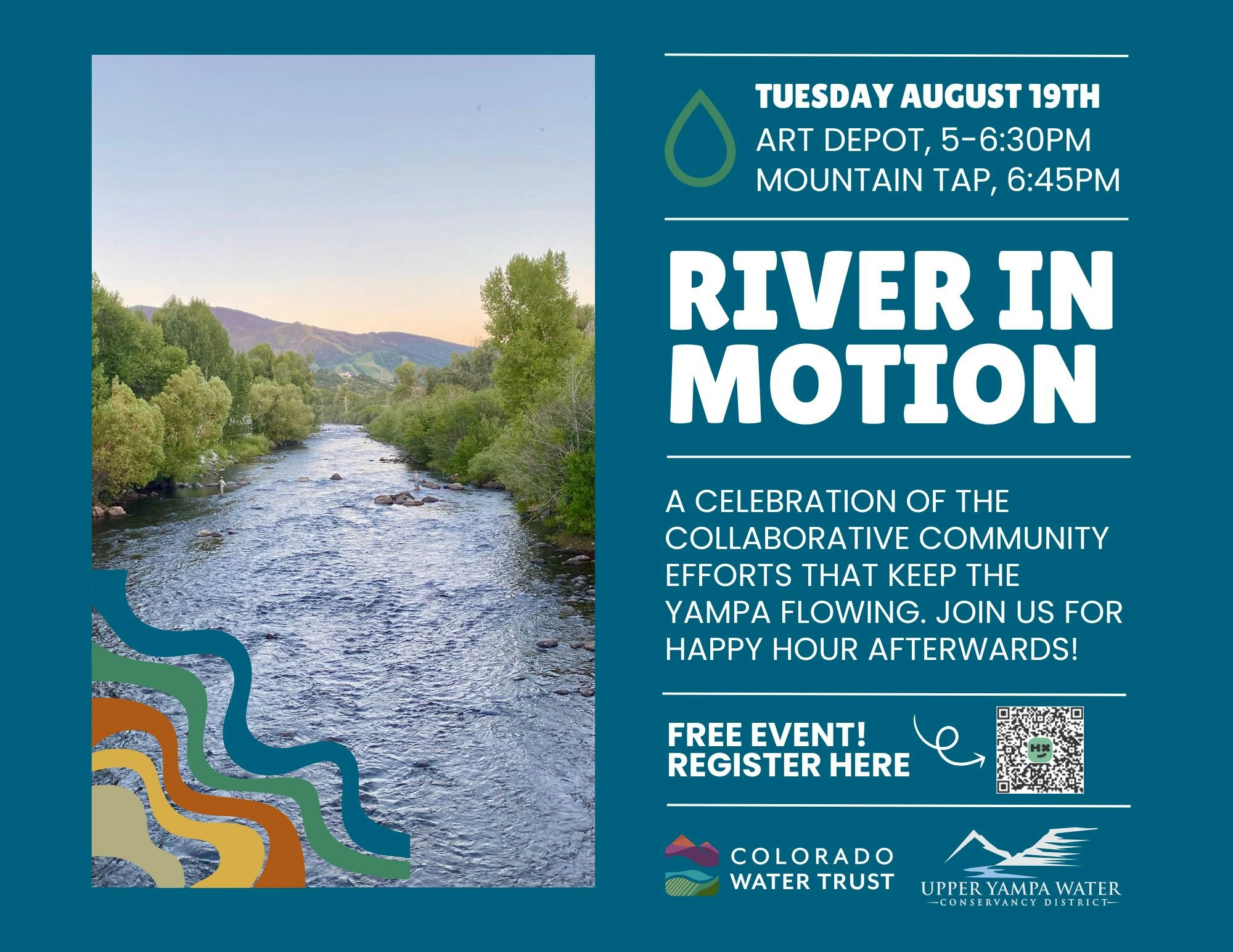 River event poster for "River in Motion" on August 19th, celebrating Yampa River, with a photo of the river and registration info.