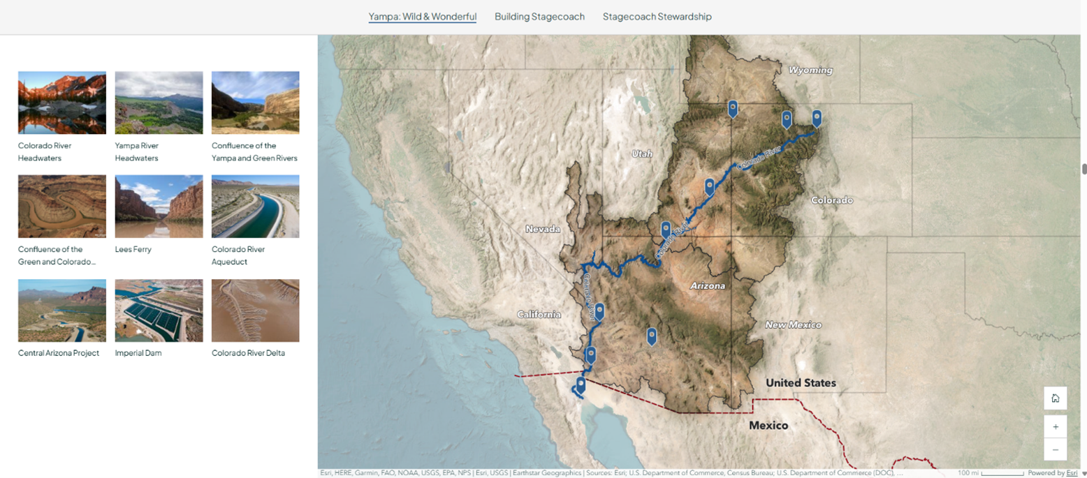 The image features a map of the Colorado River watershed, highlighting key locations and river headwaters in the region.