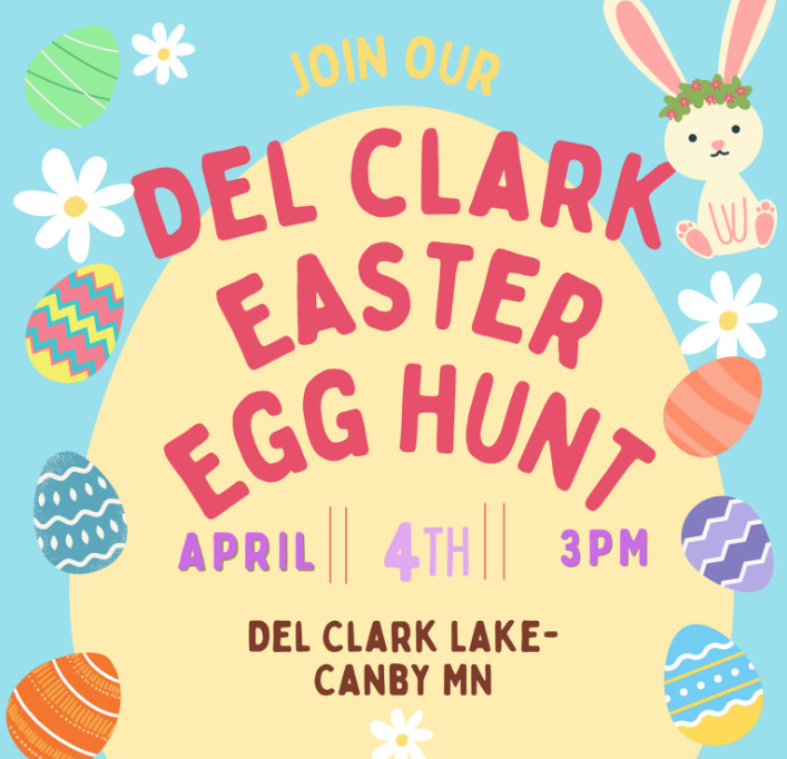 Join the Del Clark Easter Egg Hunt on April 4th at 3 PM, Del Clark Lake, Canby, MN. Fun for everyone! 🐰🥚✨