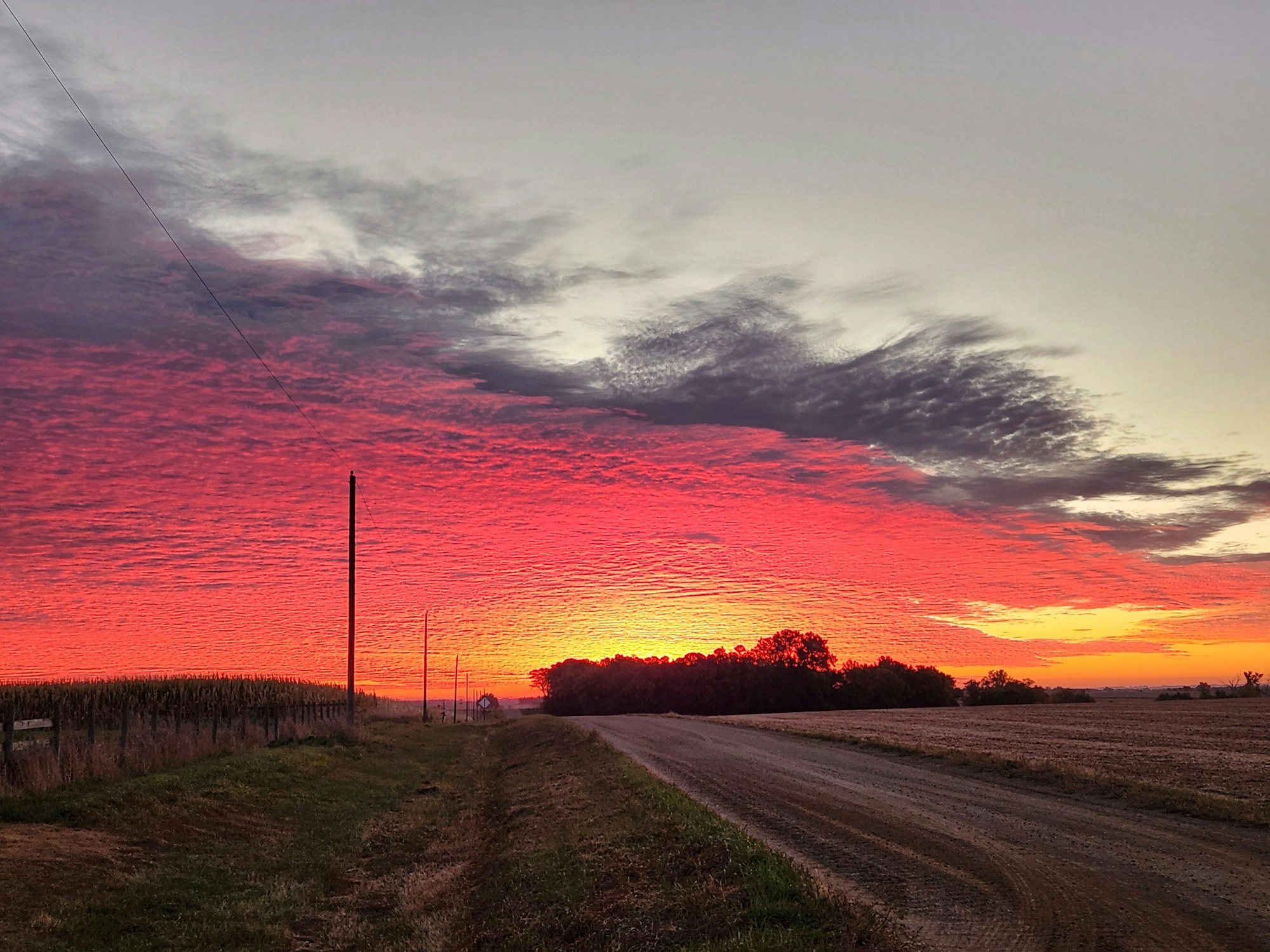 A vibrant sunset over a rural dirt road, with a field and power lines on the side, and clouds illuminated by the colorful sky.