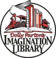 Logo with a train, books, and text "Dolly Parton's Imagination Library".