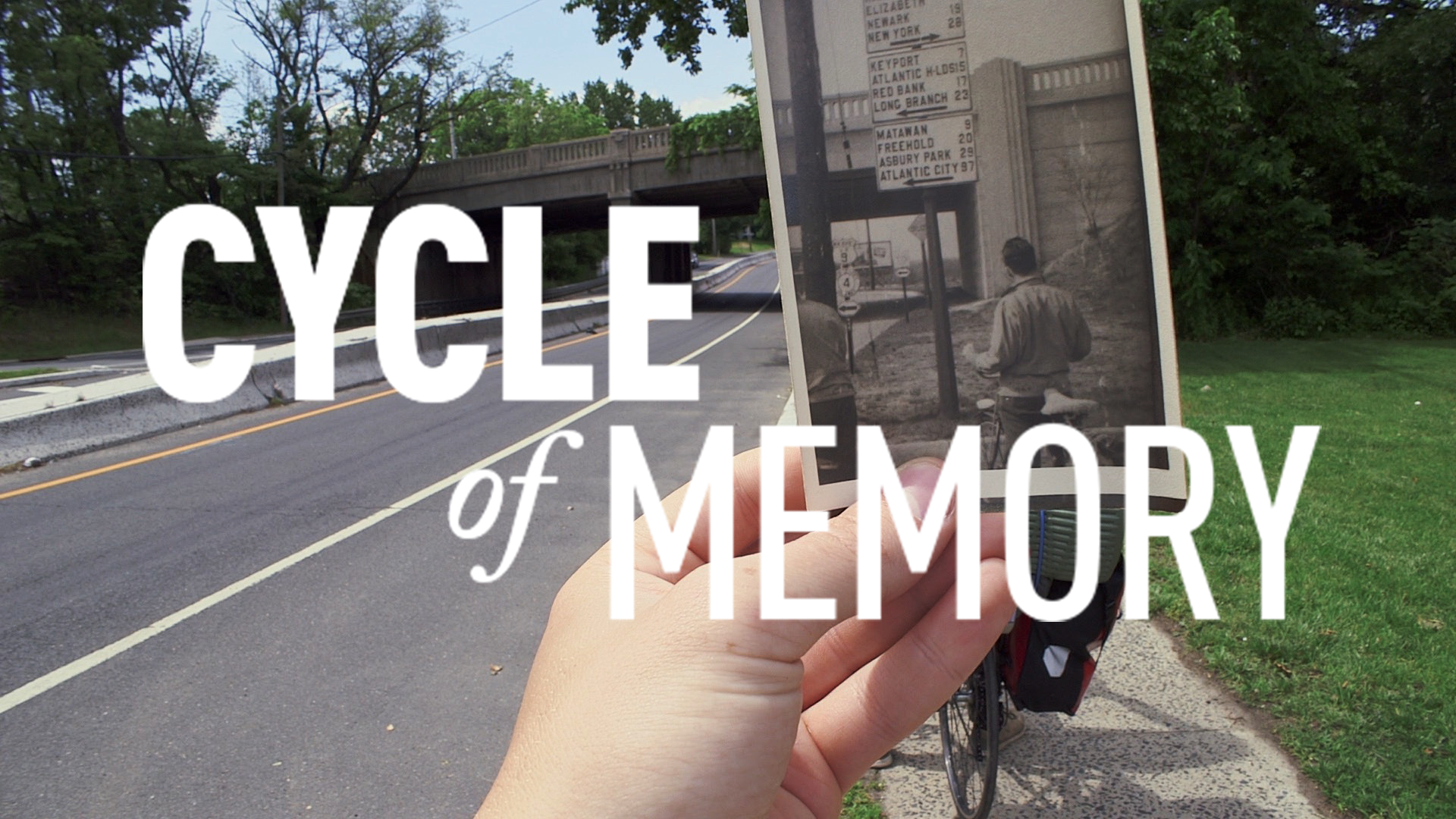 Hand holds a vintage photo of a road, aligning with the current scene. Text: "CYCLE of MEMORY."