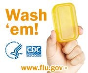 Hand holding soap with "Wash 'em!" text, CDC logo, and "www.flu.gov" website link.
