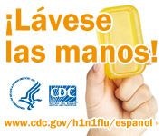 "¡Lávese las manos!" with a hand holding soap, CDC logo, and website link for flu information in Spanish.